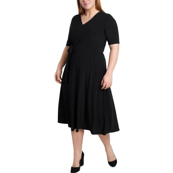 MSK Plus Size Tie-Waist Midi Dress, Black, 2X - Picture 1 of 5